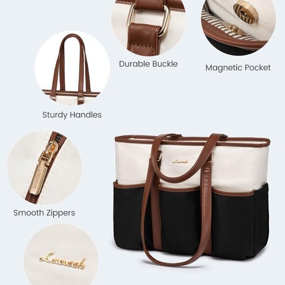 Brand New Multi-Pocket Work Tote Bag 15.6in Black-Beige-Brown Zipper - Picture 7 of 9